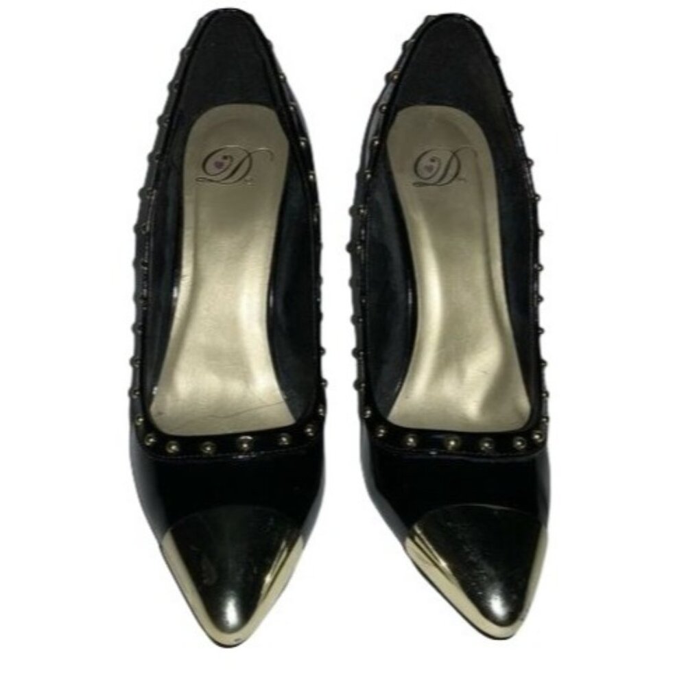 Black Patent Leather Pointed-Toe Heels With Gold Studded Trim & Metallic Cap Toe